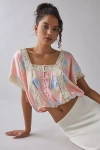 Kimchi Blue Ada Short Sleeve Lace Trim Satin Blouse In Pink, Women's At Urban Outfitters