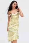 Kimchi Blue Adalyn Satin Off-the-shoulder Asymmetric Midi Slip Dress In Light Yellow, Women's At Urban Outfitter In Yellow