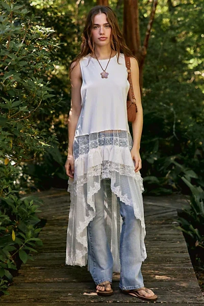 Kimchi Blue After Glow Tiered Mesh + Lace Maxi Tank Top In Powder White, Women's At Urban Outfitters In Multi