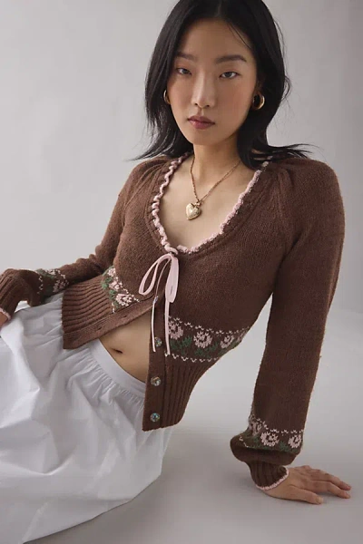 Kimchi Blue Alice Femme Fair Isle Cropped Cardigan In Brown, Women's At Urban Outfitters In Multi