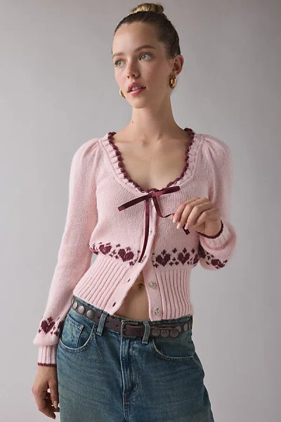 Kimchi Blue Alice Femme Fair Isle Cropped Cardigan In Pink Combo, Women's At Urban Outfitters In Multi