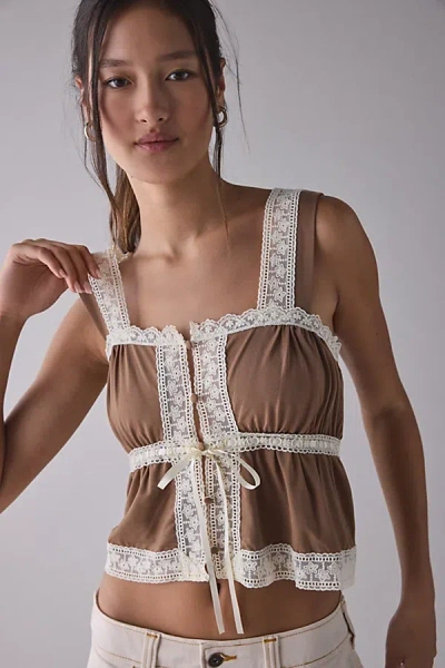 Kimchi Blue Amelie Eyelet Lace Trim Tie-front Babydoll Top In Brown, Women's At Urban Outfitters