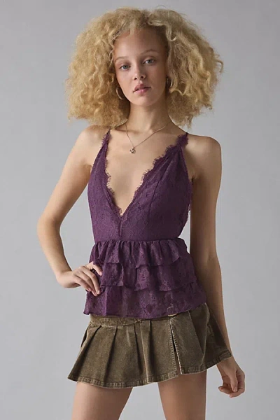 Kimchi Blue Antoinette Plunging Tiered Lace Babydoll Cami In Plum, Women's At Urban Outfitters In Purple
