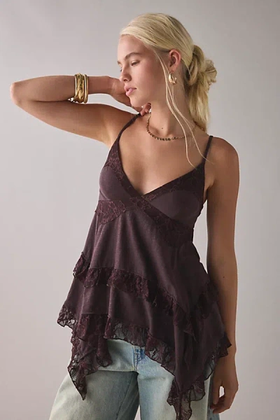Kimchi Blue Asterid Lace Trim Asymmetric Babydoll Cami In Brown, Women's At Urban Outfitters