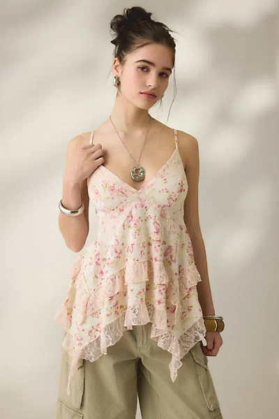 Kimchi Blue Asterid Lace Trim Asymmetric Babydoll Cami In Water Color, Women's At Urban Outfitters In Neutral