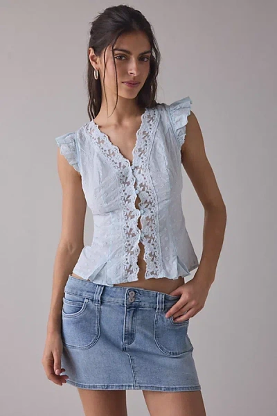 Kimchi Blue Aurelia Lace Trim Flutter Sleeve Blouse In Blue, Women's At Urban Outfitters