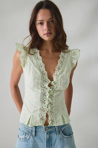 Kimchi Blue Aurelia Lace Trim Flutter Sleeve Blouse In Green, Women's At Urban Outfitters