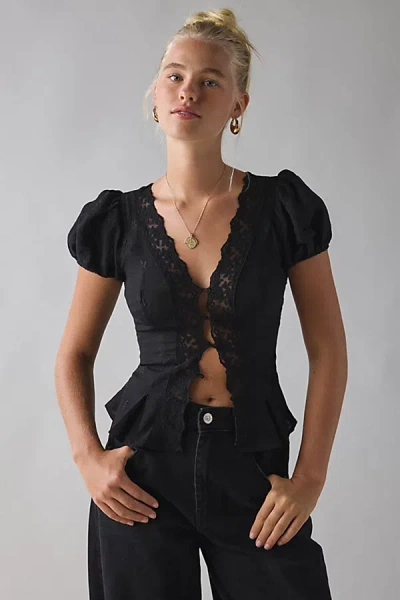 Kimchi Blue Aurelia Lace Trim Puff Sleeve Blouse In Black, Women's At Urban Outfitters