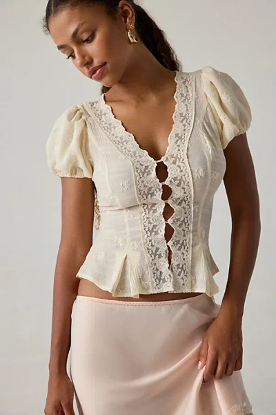 Kimchi Blue Aurelia Lace Trim Puff Sleeve Blouse In Ivory, Women's At Urban Outfitters In White