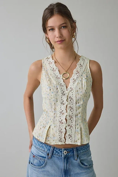 Kimchi Blue Aurelia Lace Trim Sleeveless Blouse In Blue Floral, Women's At Urban Outfitters In Neutral