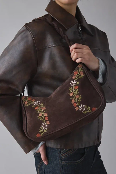 Kimchi Blue Ava Floral Suede Shoulder Bag In Dark Brown, Women's At Urban Outfitters
