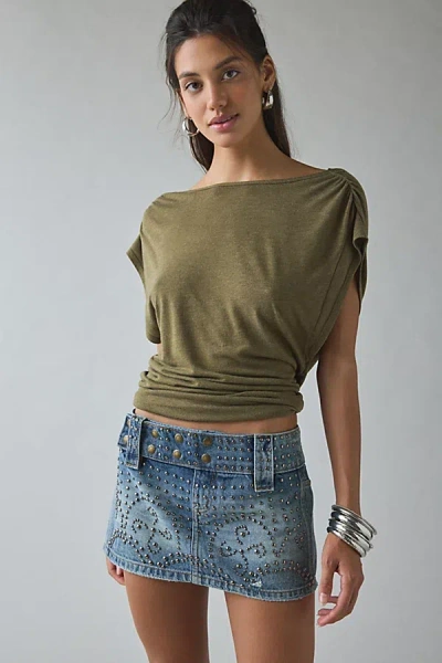Kimchi Blue Backstage Studded Belted Waistband Low-rise Denim Micro Mini Skirt In Pale Blue, Women's At Urban Ou In Green