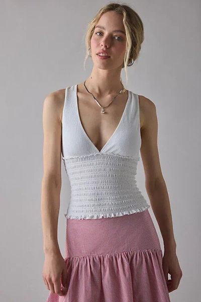 Kimchi Blue Betty Plunging V-neck Smocked Tank Top In White, Women's At Urban Outfitters