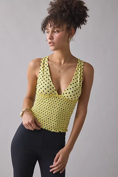Kimchi Blue Betty Plunging V-neck Smocked Tank Top In Yellow Polka Dots, Women's At Urban Outfitters In Green