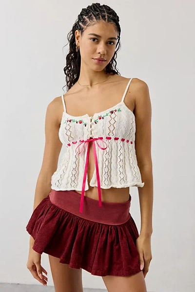 Kimchi Blue Brooklyn Floral Embroidered Pointelle Knit Babydoll Tank Top In White, Women's At Urban Outfitters In Multi