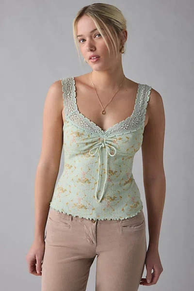 Kimchi Blue Callie Cinch-front Lace Trim Tank Top In Green, Women's At Urban Outfitters