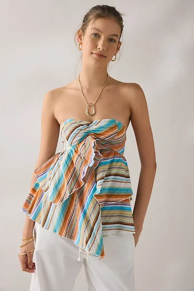 Kimchi Blue Calypso Convertible-tie Asymmetric Ruffle Tube Top In Blue, Women's At Urban Outfitters In Multi