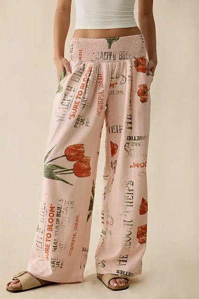 Kimchi Blue Caroline Smocked Wide Leg Linen-blend Pants In Pink, Women's At Urban Outfitters