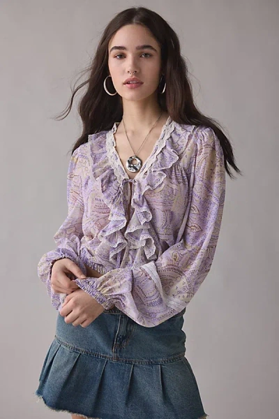 Kimchi Blue Cecelia Sheer Lace Trim Ruffle Long Sleeve Blouse In Lilac, Women's At Urban Outfitters In Multi