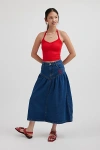 Kimchi Blue Clara Drop Waist Denim Midi Skirt In Indigo, Women's At Urban Outfitters In Blue