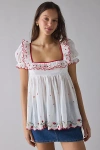 Kimchi Blue Clara Embroidered Puff Sleeve Babydoll Tunic Top In White, Women's At Urban Outfitters