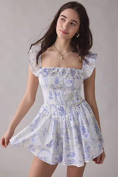 Kimchi Blue Clementine Smocked Ruffle Romper In Blue, Women's At Urban Outfitters