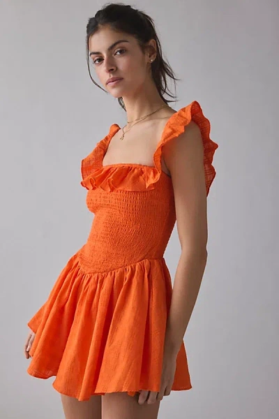 Kimchi Blue Clementine Smocked Ruffle Romper In Orange, Women's At Urban Outfitters