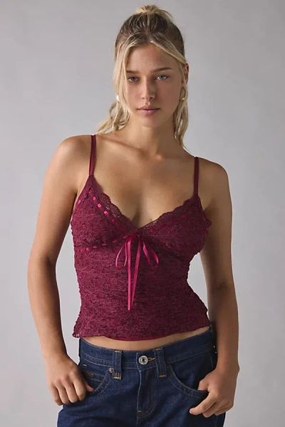 Kimchi Blue Clover Lace + Ribbon Trim Cropped Cami In Dark Red, Women's At Urban Outfitters