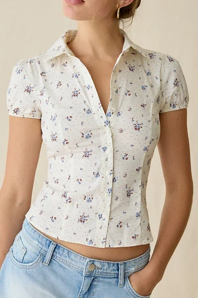 Kimchi Blue Clover Rounded Collar Short Sleeve Button-down Shirt In Floral, Women's At Urban Outfitters In Pink