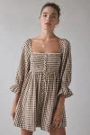 Kimchi Blue Cute As A Button Puff Sleeve Babydoll Mini Dress In Brown Gingham, Women's At Urban Outfitters