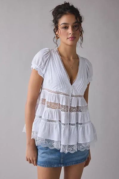 Kimchi Blue Dawn Sheer Lace Trim Puff Sleeve Babydoll Top In White, Women's At Urban Outfitters