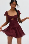 Kimchi Blue Diana Ruched Drop Waist Romper In Maroon, Women's At Urban Outfitters In Burgundy