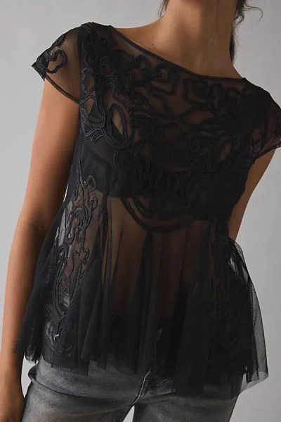 Kimchi Blue Eclipse Embroidered Sheer Mesh Short Sleeve Babydoll Top In Black, Women's At Urban Outfitters