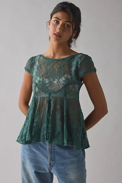 Kimchi Blue Eclipse Sheer Lace Short Sleeve Babydoll Top In Blue Spruce, Women's At Urban Outfitters In Green