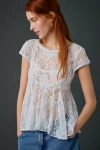 Kimchi Blue Eclipse Sheer Lace Short Sleeve Babydoll Top In Light Blue, Women's At Urban Outfitters In Blue