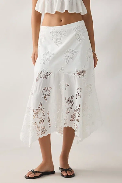 Kimchi Blue Elena Eyelet Lace Hanky Hem Midi Skirt In White, Women's At Urban Outfitters
