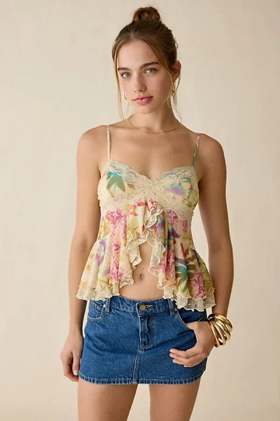 Kimchi Blue Ella Flyaway Ruffle Lace Trim Cami In Neutral, Women's At Urban Outfitters In Multi
