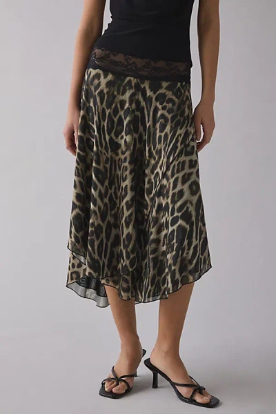 Kimchi Blue Ethereal Lace Trim Semi-sheer Mesh Midi Skirt In Brown, Women's At Urban Outfitters