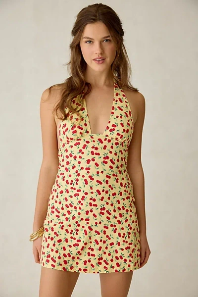 Kimchi Blue Flowerbeds Cherry Land Plunging Halter Mini Dress In Cherry Land, Women's At Urban Outfitters