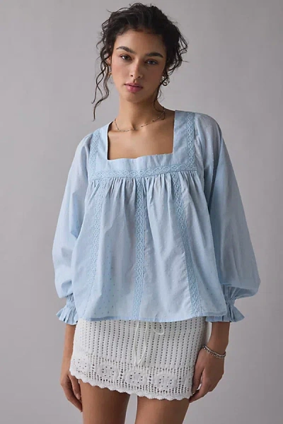 Kimchi Blue Hazel Lace Trim Long Sleeve Babydoll Top In Blue, Women's At Urban Outfitters