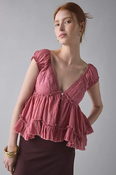 Kimchi Blue Izzy Lace Trim Button-front Babydoll Blouse In Red Berry, Women's At Urban Outfitters In Pink