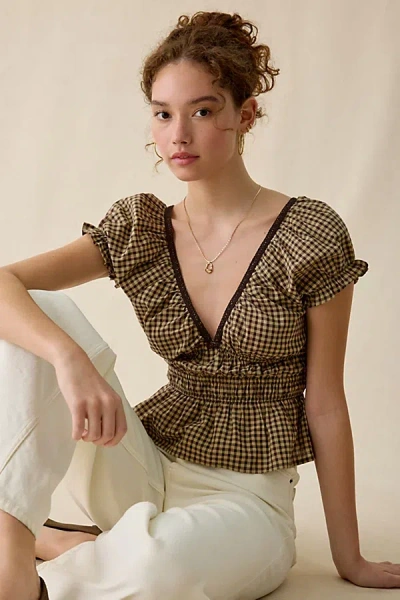 Kimchi Blue Jane Ruched Lace Trim Short Sleeve Blouse In Brown, Women's At Urban Outfitters In Multi