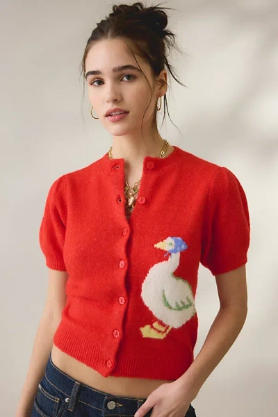 Kimchi Blue Kate Goose Motif Puff Short Sleeve Cardigan In Red, Women's At Urban Outfitters