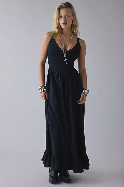 Kimchi Blue Keepsake Tie-front Smocked Cotton Maxi Dress In Black, Women's At Urban Outfitters In Blue