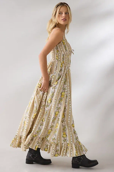 Kimchi Blue Keepsake Tie-front Smocked Cotton Maxi Dress In Brown, Women's At Urban Outfitters