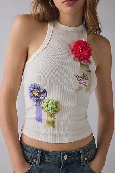 Kimchi Blue Kidult Ribbon Applique Graphic Off-duty High Neck Tank Top In Cream, Women's At Urban Outfitters In White