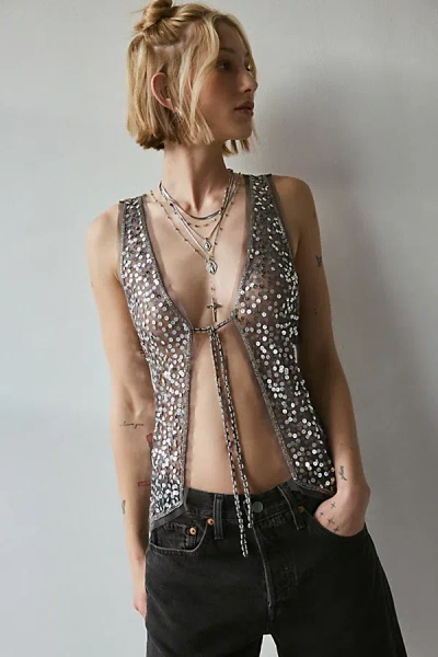 Kimchi Blue Kiki Sequin Tie-front Vest Top Jacket In Silver Sequin, Women's At Urban Outfitters In Gray