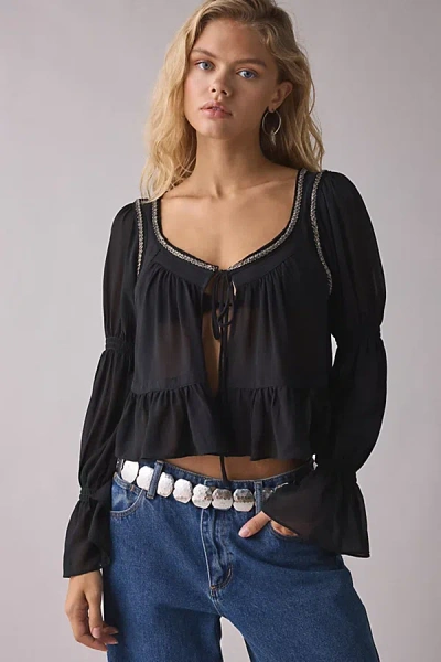 Kimchi Blue Kit Prairie Long Sleeve Babydoll Top In Black, Women's At Urban Outfitters