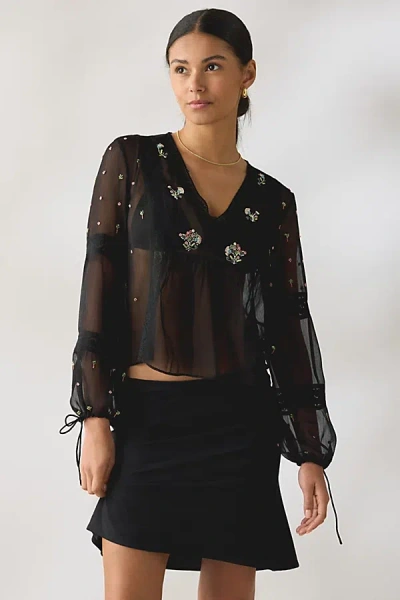 Kimchi Blue Lara Floral Embroidered Sheer Long Sleeve Blouse In Black, Women's At Urban Outfitters