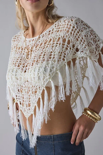 Kimchi Blue Leena Pointelle Fringe Poncho Sweater In White, Women's At Urban Outfitters
